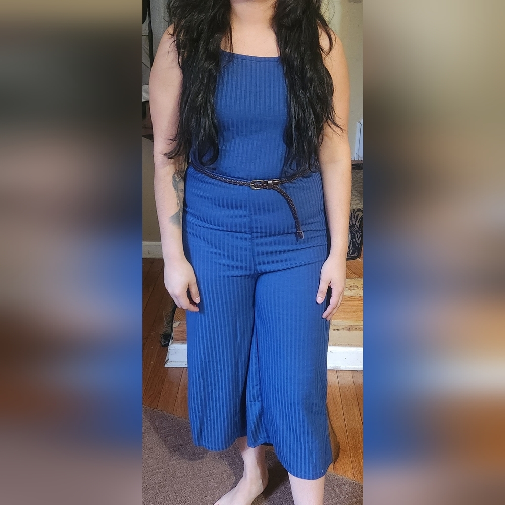 Blue capri length romper with belt
